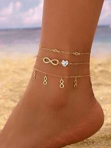 3pcs Fashionable Hollow Infinity Heart Rhinestone Pendant Necklace Anklet Set, Versatile Daily Wear For Teenagers - Gold - View 1