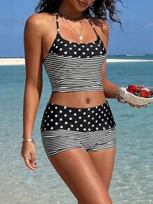PEPPERMOLLY Bộ đồ bơi tankini kẻ sọc chấm bi đen trắng kiểu retro - Áo yếm và quần short, thích hợp cho kỳ nghỉ hè ở bãi biển. - Đen và trắng - Xem 9