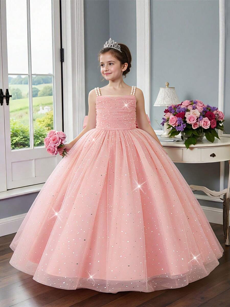 Tween Girls' Long Sequin & Mesh Bowknot Elegant Birthday Party Formal Dress, Excluding Headband - Dusty Pink - View 1