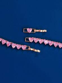 1pc 6mm Pink Heart-Shaped Cubic Zirconia Tennis Necklace, Women's Bridal Style, Rose Gold Plated CZ Crystal Jewelry, Suitable For Bride, Bridesmaid, Wedding Party, Girlfriend Gift - Pink - View 7