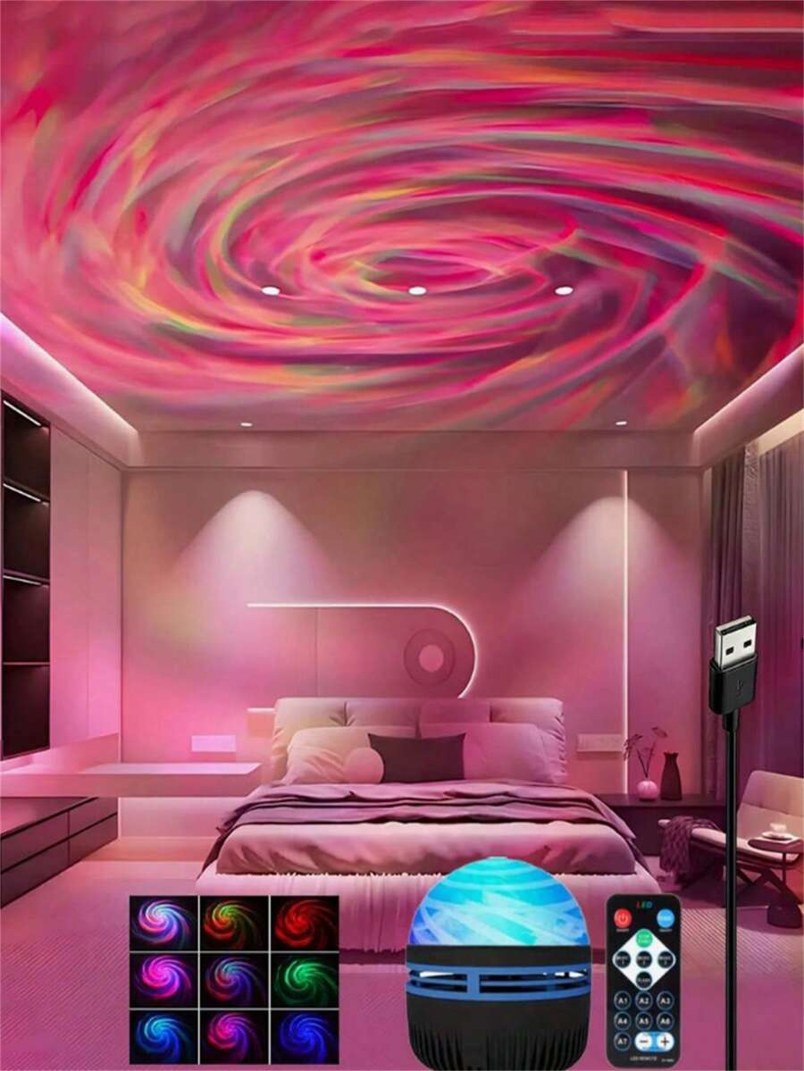 1 pièce Lampe de projection des vagues de l'océan alimentée par USB, Veilleuse de chambre à coucher, Salle de jeux, Retour à l'école, Lampe magique, Cinéma maison, Éclairage, Lampe de chambre, Veilleuse, Plafonnier, Décoration de chambre, Saint-Valentin, 7 modes de couleur et télécommande, Gradable - Multicolore - Voir 1