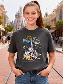 Womens Round Neck Short Sleeve Cotton T-Shirt With Disney Family Vacation 2026 Print Casual Top Disney World Theme Park Tee - Black - View 1