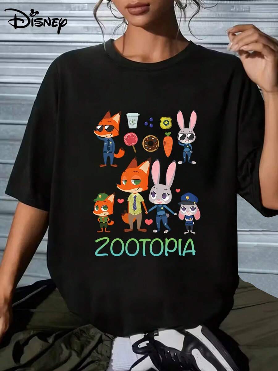Disney Oversized Cotton T-Shirt | "Zootopia Nick & Judy Collage" Print | Street Style. Made From Soft, Comfortable, And Durable Pure Cotton, This Is An Ideal Choice For Spring And Summer. This Crew Neck T-Shirt Is Suitable For Various Occasions, Including Everyday Wear, Shopping, Parties, Travel, And Gatherings, And Also Makes A Thoughtful Gift. - 黑色 - 查看 1