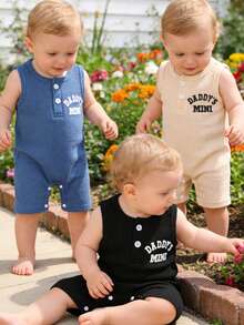 3pcs,Cute Baby Boy Clothes,Casual,Stylish,Soft,Comfortable,"DADDY'S MINI"Slogan Print Button-Up Crew Neck Sleeveless Jumpsuit - Multicolor - View 6