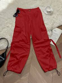 Y2K街头风工装裤，翻盖口袋，系带细节，宽松休闲阔腿轻便长裤，女士春季款 - 紅色 - 查看 7