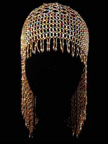 欧美手工串珠珍珠发箍，异域风情格纹发带，20世纪20年代复古宴会风格头饰，婚礼摄影装饰个性化帽子 - 金色 - 查看 9