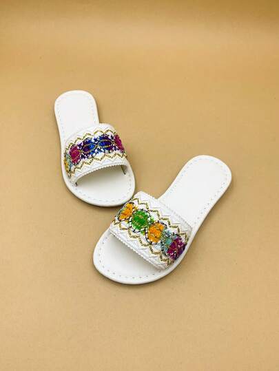 1 Pair Children's Summer Fashion Slippers, Colorful Fabric Upper, Round Toe Slip-On, Casual Comfortable Bohemian Style Sandals, Suitable For Daily Wear