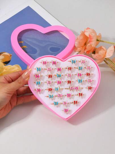 36pcs/Set Tri-Color Polka Dot Bow Zinc Alloy Rings, Elegant Bow Design Rings, Pink & Blue Matching Gift Set For Yourself And Friends