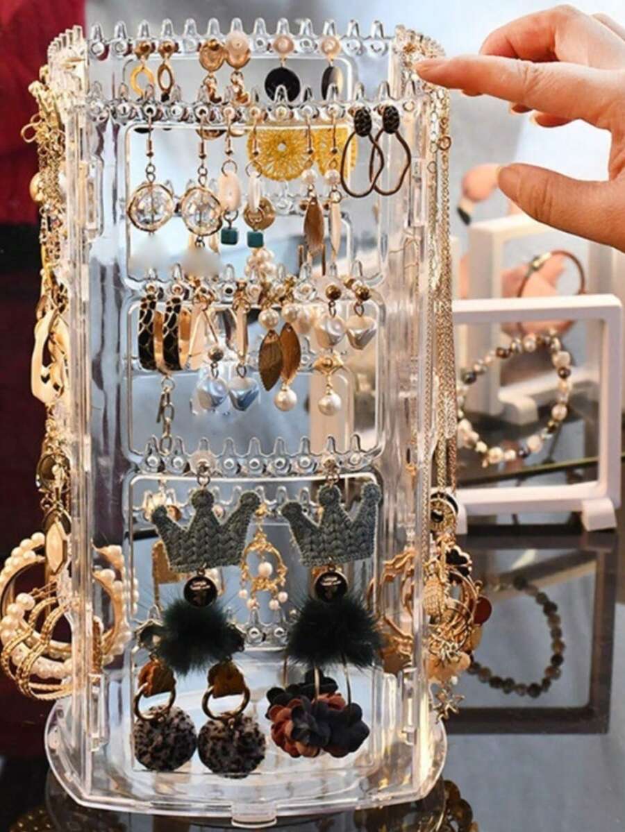1pc Foldable Jewelry Rack, Acrylic Earring Necklace Display Stand, Rotating Multi-Tier Organizer For Earrings, Earrings, Earrings, Necklaces, Countertop & Desktop Back To School - Clear - View 1
