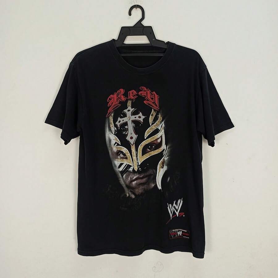 Vintage W.WF Rey Mysterio Wrestling Tshirt - 黑色 - 查看 1