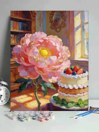 牡丹与蛋糕 DIY 数字油画帆布画工艺品 成人家居装饰 40x50厘米/16x20英寸 节日礼物