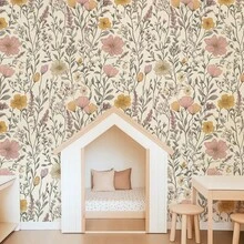 Romantic Pink Wild Flower Garden Floral Wallpaper, Self-Adhesive Or Traditional, Rustic Botanical Cute Boho Nursery, Romantic Garden - 1PC - View 1