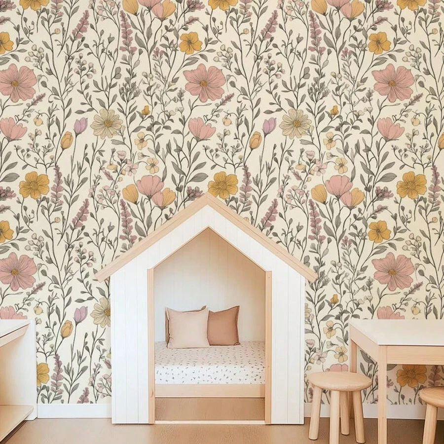 Romantic Pink Wild Flower Garden Floral Wallpaper, Self-Adhesive Or Traditional, Rustic Botanical Cute Boho Nursery, Romantic Garden - 1PC - View 1