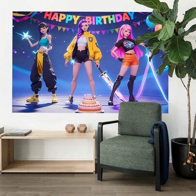K-Pop Style Cool Girl Witch Theme Children's Girl Party Scene Birthday Party Backdrop Banner. K-Pop Theme Wall Decor. Suitable For Photo Backdrop. Ideal For Electronic Music Celebration Events, Room Decor And Display Props.