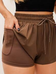 Women's Double Layer Fitness Shorts For Gym, Sports, Yoga, Elastic Polyamide With Pocket 3RD SD1780 - Rỉ Nâu - Xem 2
