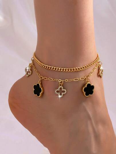 1件装奢华优雅镂空四叶草和黑色五瓣花吊坠脚链，奢华高端优雅派对/节日首饰（不含礼盒）