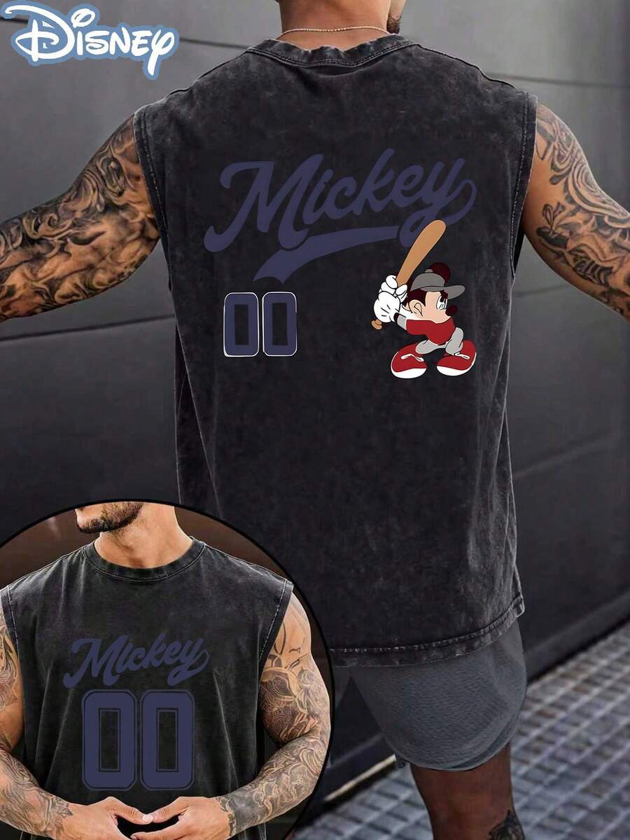 Disney Official Licensed  Baseball Unisex Acid Wash Sleeveless T-Shirt, 00 Baseball Graphic Tank Top, 230g Heavyweight Cotton Blend, Casual Vacation Top, Breathable Summer Wear - 黑色 - 查看 1
