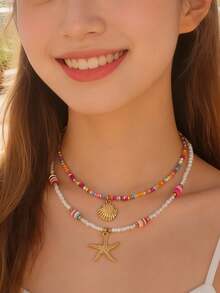 2 chiếc vòng cổ mặt dây chuyền hình vỏ sò đính hạt nhiều màu sắc theo phong cách Bohemian, vòng cổ hai lớp cho nữ đi nghỉ mát ở bãi biển, hạt màu được sắp xếp ngẫu nhiên. - Nhiều màu - Xem 2