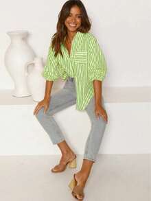 Camicia elegante e casual da donna, a righe verdi, manica lunga, adatta per la primavera/estate e le vacanze - Verde - Visualizzare 3