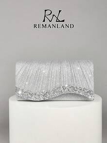 REMANLAND 1pc Women's Mini Glitter Shiny Chain Folding Wrinkle Square Bag, Ideal For Wedding, Party, Evening, Prom And Dinner Banquet, Elegant Matching With Prom Dresses, Sequin Dresses And Bridal Party Looks - Silver - View 9