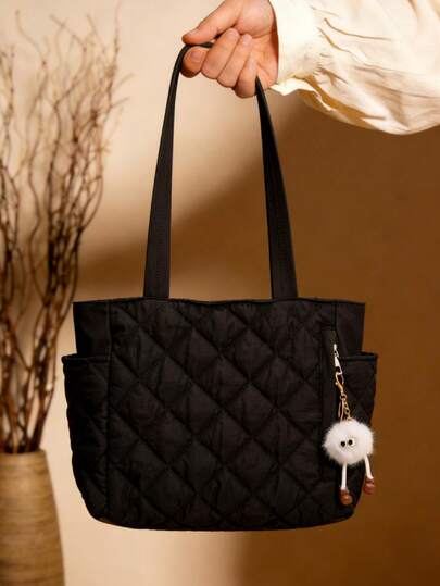 New Fashion Large Capacity Rhombus Pattern Dual Handle Shoulder Tote Bag, Lightweight And Portable, Women's Wallet, Suitable For Summer Outdoor Travel, Decorated With Animal Pendant, Essential Travel Backpack , Office , Beach