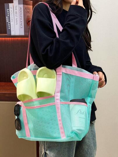 1pc Quilted Open-Top Mesh Beach Bag, Large Capacity Beach Travel Vacation Storage Bag, Portable Foldable Swimming Fitness Storage Bag, Washroom Bag, Toy Storage Bag