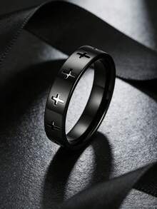 Set de 3 anillos de acero inoxidable con cruz versátil y elegante para hombres, con decoración giratoria y retorcida en negro, unisex, adecuado para uso diario, festivales, joyería, compromiso y regalos de boda - Negro - Ver 3