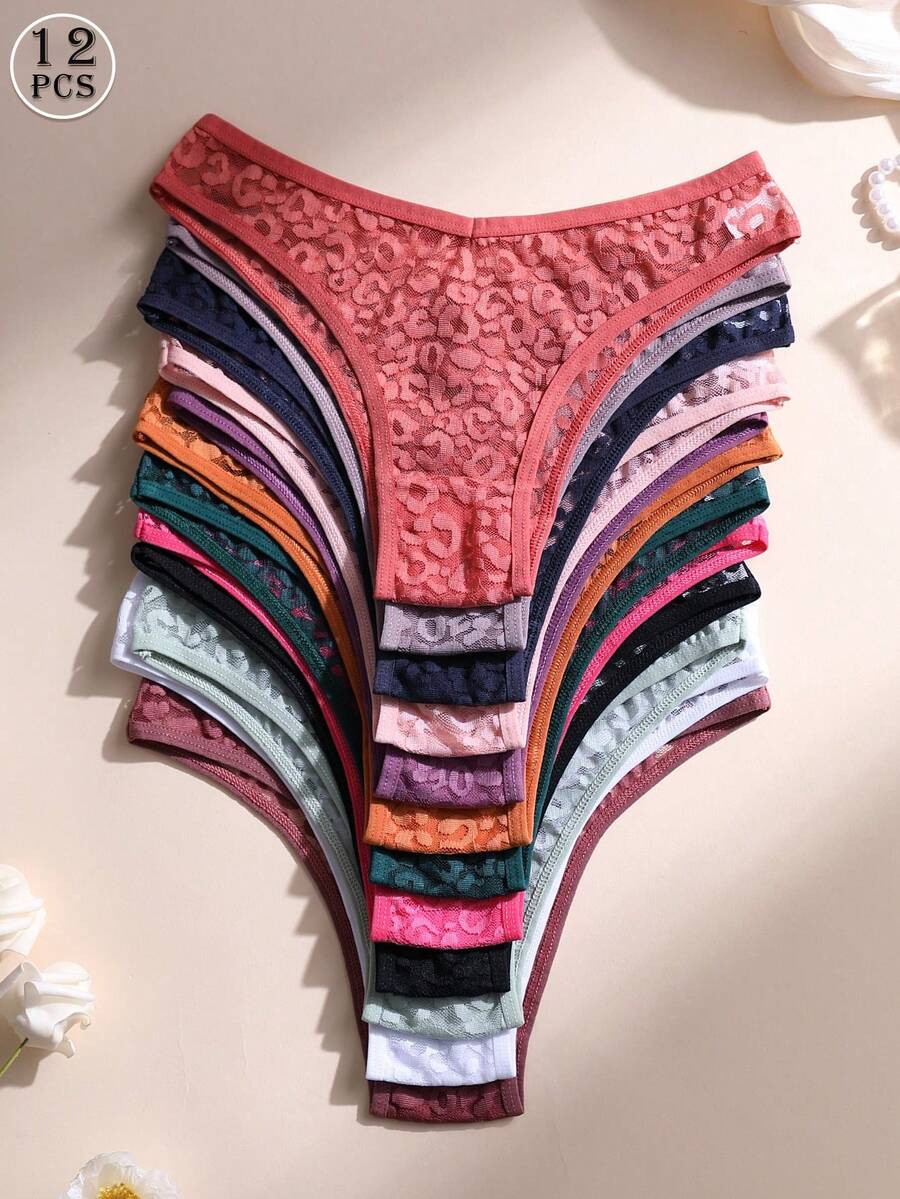 12 chiếc quần lót bikini ren khoét lỗ gợi cảm dành cho nữ, kiểu dáng eo chữ V, không đường may, họa tiết da báo, đồ lót lãng mạn, thoải mái và thoáng khí.