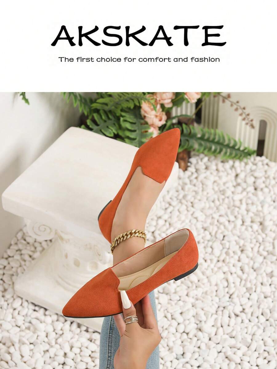 Women's Pointed Toe Flat Shoes, V-Cut Vamp Slip On Casual Dress Flats, Soft Padded Insole Anti-Slip Outsole, Multi Bright & Classic Solid Color Options, Comfortable Everyday Footwear For Office Work Daily Commute Shopping Weekend Outings - 橘色 - 查看 1