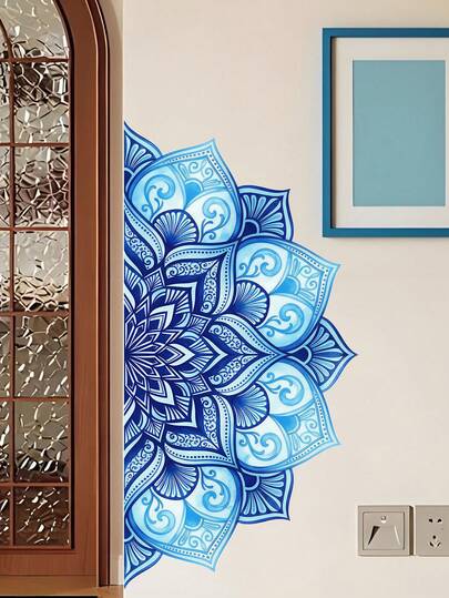 Blue Half Mandala Wall Stickers, Lotus Mandala Mandala Flower Pattern Wall Decals Datura Stramonium Removable Vinyl Peel And Stick For Living Room Bedroom Sofa Yoga Room TV Background Art Home Decor