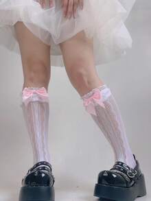 1双女士可爱蕾丝边蝴蝶结爱心图案中筒袜，甜美少女风格 - 白色 - 查看 2