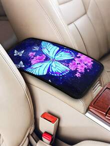 通用型汽车扶手套 - 蓝色蝴蝶和粉色樱花印花汽车中控台垫，易于安装，适用于所有车型 - A - 查看 2