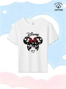 This Casual T-Shirt For Girls Is Suitable For Children Aged 4 To 12. The Disney 2026 Commemorative Print Focuses On A Castle Silhouette Within Minnie Mouse's Head, Heart-Shaped Balloons, And Polka-Dot Bows, Incorporating Elements Such As The "Disney 2026" Logo. Made From 100% Pure Cotton, It's Soft And Skin-Friendly, With Both Sweat-Wicking And Breathable Properties. It Can Be Paired With Lace Skirts, Denim A-Line Skirts, Casual Athletic Pants, And Loose-Fitting Joggers. Suitable For Theme Park Visits, Daily School Outings, Outdoor Camping, Birthday Parties, And Holiday Travel, This Cartoon Commemorative Style Perfectly Matches The Daily Dressing Needs Of Girls Aged 4 To 12, Making It An Indispensable Treasure Item In Any Summer Wardrobe. - White - View 2