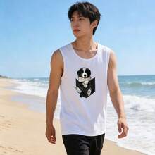 ブラックの シルエット ポメラニアン入り ノンスリーブTシャツ キュート キャラクター マンガ風 モダンな アウトドア スタイル - ホワイト - チェックする 4