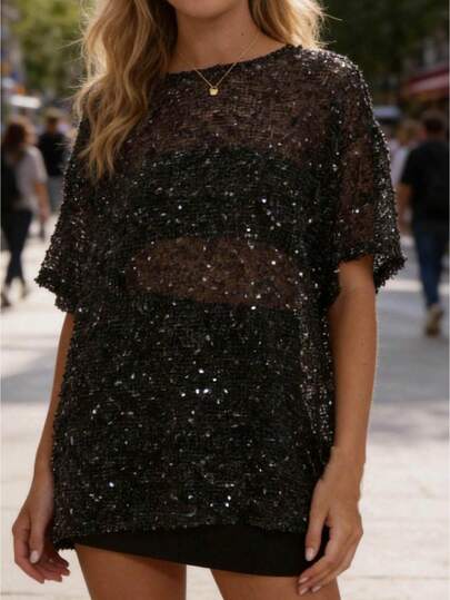 Women's Summer Sequined Sheer T-Shirt Casual Loose Fit Stylish Solid Color See Through Crew Neck Elbow Sleeve Tops