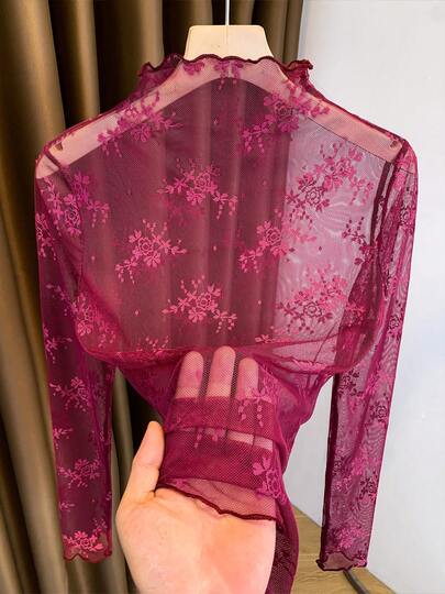 2025 New High Neck Lace Layered Mesh Sheer Blouse, Long Sleeve Thin Gauze Undershirt For Spring, Summer & Autumn Casual