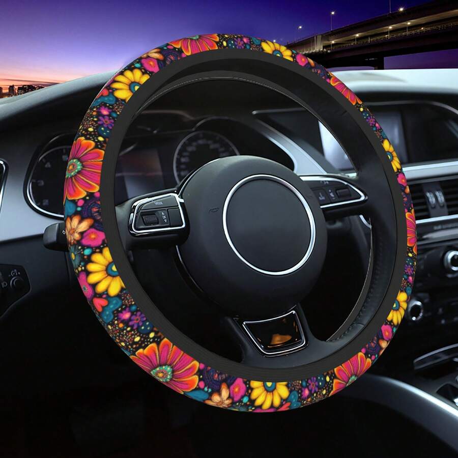 1pc Printed Car Steering Wheel Cover, Waterproof, Fits 14.5-15 Inch Steering Wheel, Protective Cover For All Seasons - Multicolor - View 1