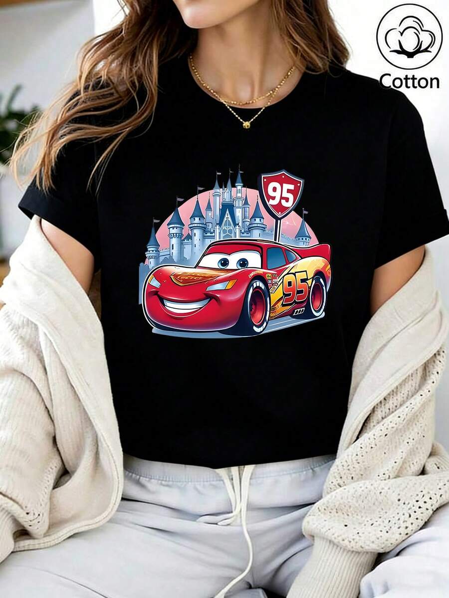 Loose Fitting "Cars" Lightning McQueen Disney Castle Printed T-Shirt, Suitable For Summer And Spring, Short Sleeved Top, Women's Clothing, Holiday Gift Party Clothing. - màu đen - Xem 1