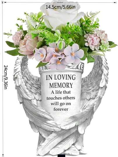 Memorial Decorative Figurine, Silver Angel Wings Surrounding A Vase, Symbolizing Protection And Eternity. Paired With A Fresh Floral Bouquet, It Conveys Remembrance And Solace For The Departed, Suitable For Grave Site Memorials, Continuing Cherished Thoughts In A Warm Way.