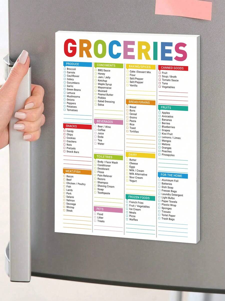 BUBU 彩色编码购物清单磁性便签本，常见食物标签，可贴在冰箱上，空白区域方便记录购物清单，适合居家、返校用品、办公用品，也可作为女性礼物、教师节礼物或母亲节礼物。