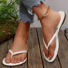 Memory Foam Comfortable Flat Thong Sandals For Women Dressy Summer Beach PU Leather Slide Flip Flops Shoes Slippers Slides - 白色 - 查看 8
