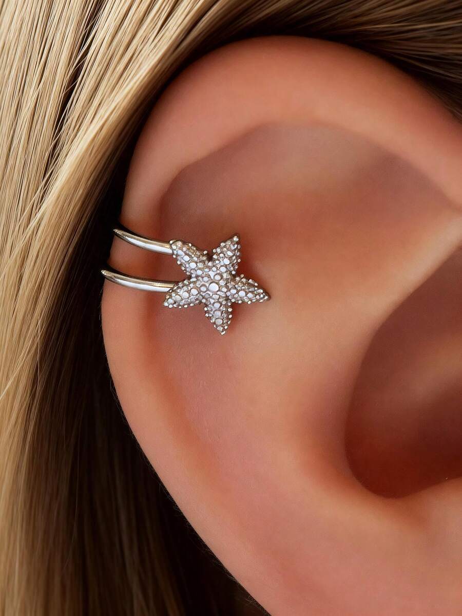 1件简约海星装饰耳夹铜耳环，适合女性夏季、海滩、日常、派对佩戴 - 銀色 - 查看 1