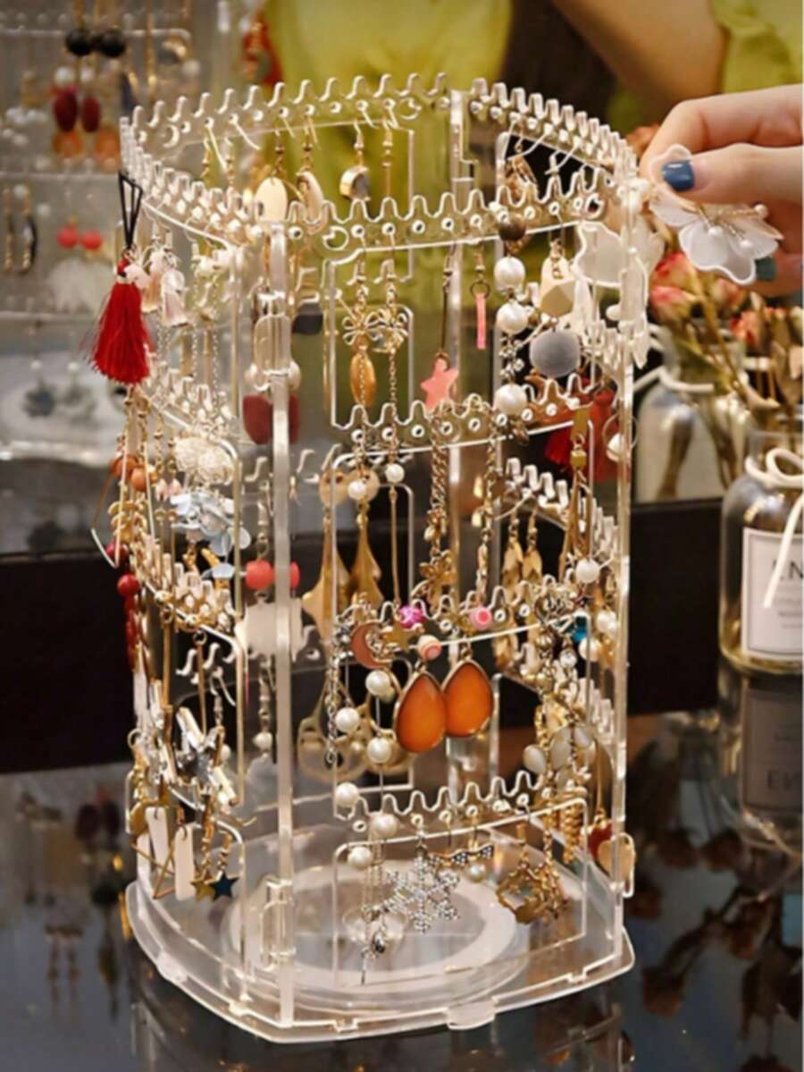 1pc Foldable Jewelry Rack, Acrylic Earring Necklace Display Stand, Rotating Multi-Tier Organizer For Earrings, Earrings, Earrings, Necklaces, Countertop & Desktop Back To School - Clear - View 1