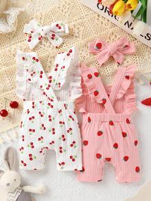 Bộ 4 món đồ dễ thương cho bé gái, kiểu dáng giản dị và thời trang, mềm mại và thoải mái, gồm áo liền quần và băng đô dệt kim họa tiết dâu tây và anh đào, phù hợp cho bé gái sơ sinh, mặc hàng ngày, đi nghỉ mát, dự tiệc, chụp ảnh, hoạt động ngoài trời, mùa hè. - Nhiều màu - Xem 4