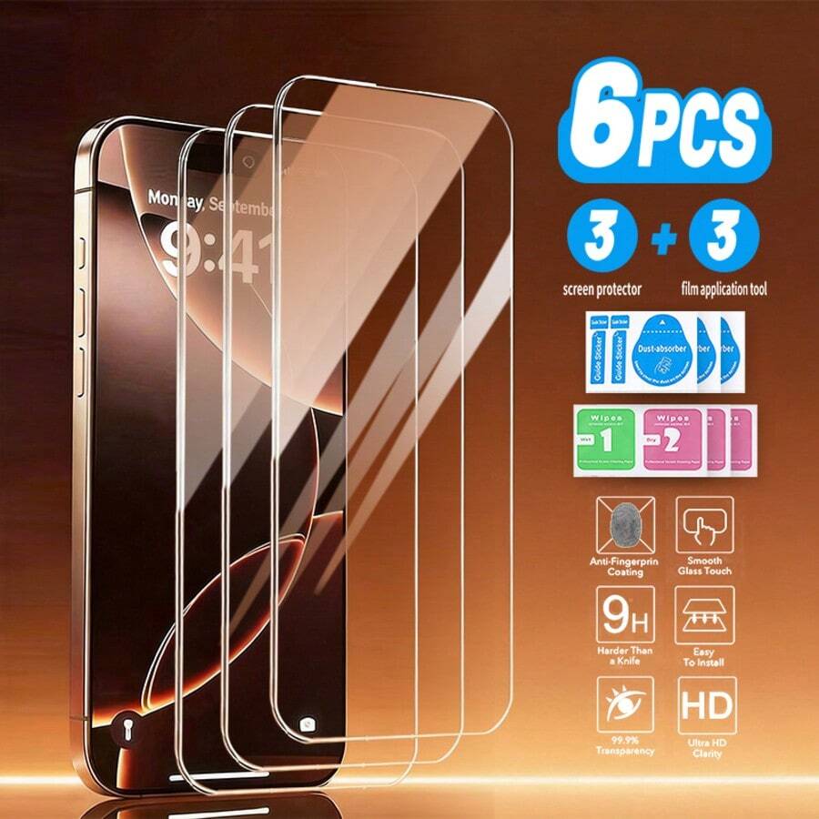 Película de vidrio templado a prueba de golpes 6 EN 1 (3 películas + 3 juegos de herramientas de aplicación de películas) Protector de pantalla HD completamente claro para iPhone 11 11 Pro 11 Pro Max 12 12pro 12pro Max 12mini 13 13 Pro 13 Pro Max 13 Mini 14 14 Pro 14 Pro Max 14 Plus 15 15 Pro 15 Pro Max 15 Plus 16 16 Pro Max 16 Pro 16 Plus 17 17Pro 17 Pro Max 17 Air XS X 7/8/SE 2020/SE Película de vidrio templado Antihuellas dactilares Dureza 9H Cobertura completa Fácil instalación Sin burbujas Película protectora Regalo de Pascua y primavera - 6 películas transparentes (3 hojas de película + 3 juegos de herramientas de aplicación) - Ver 1