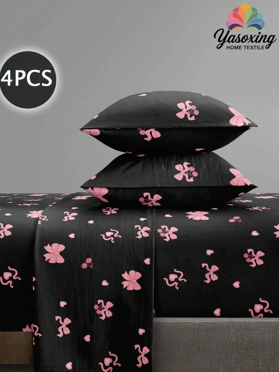 4件套粉色樱桃蝴蝶结图案床单套装，易于打理的超细纤维柔软床上用品套装，花卉图案床笠套装（1张床单+1张床笠+2个枕套），床笠套装，适用于特大号、大号、标准双人床、单人床尺寸，床笠深口袋设计，枕套最大可达11.8英寸，柔软透气，不易起皱，更有利于睡眠，奢华酒店风格，送给父母、朋友的礼物，甜美少女风 - 黑色 - 查看 1