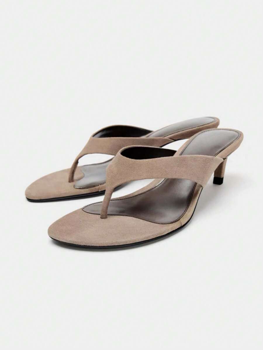 New Summer Women Shoes, Brown Suede Mid-Heel Sandals - Beige - View 1