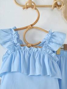 2pcs Girls' Summer Casual Ruffle Strap Tank Top And Straight Leg Pants Set - Ruffle Trim, Suitable For Outdoor Activities And Casual Wear, Spring/Summer - Baby Blue - View 4