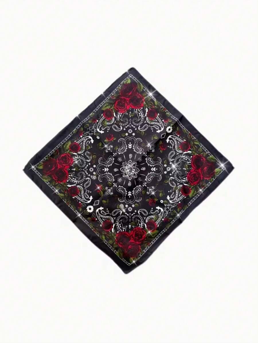 1条男女通用玫瑰腰果花印花棉质围巾，适合春、夏、秋、冬四季佩戴。 - 彩色 - 查看 1