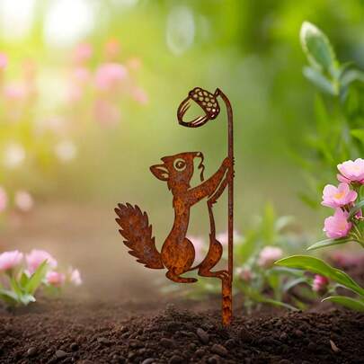 1件复古可爱金属花园松鼠插牌，抽象松鼠吃松果装饰，户外及庭院艺术装饰，草坪、花坛、节日、花园边界场景艺术装饰，送给松鼠爱好者的完美礼物